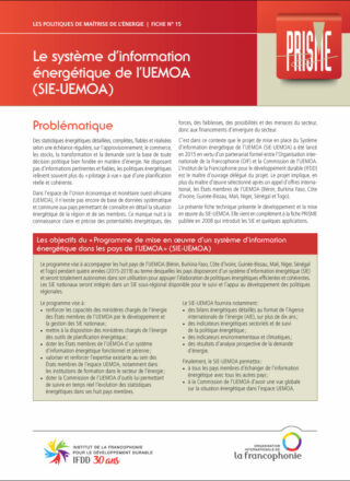 Fiche technique PRISME – Le système d’information énergétique de l’UEMOA (SIE-UEMOA) – 2018